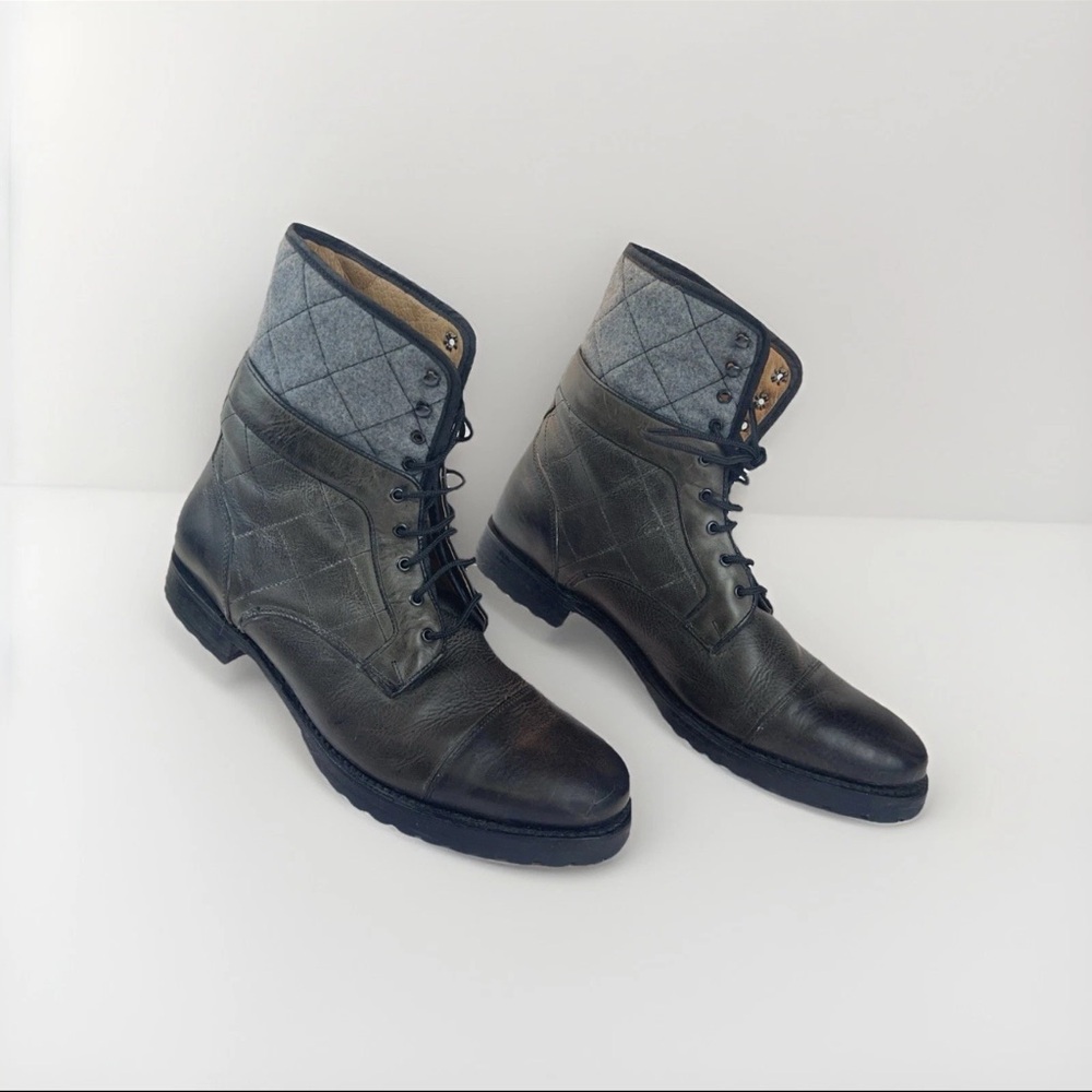 J.D Fisk Men's Quilted Leather Lace-Up Combat Boots  Fold-Down Wool Cuff  Sz 10
